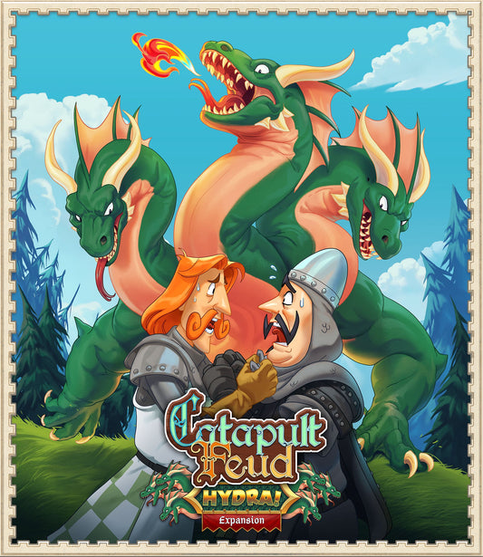 Catapult Feud Hydra Expansion Box art with Illustrated Hydra and arguing knights