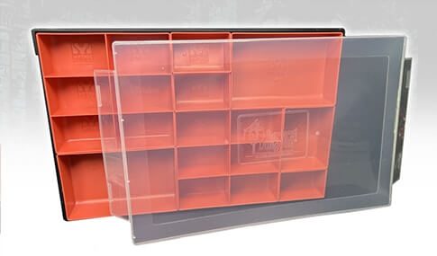 Orange and Black Organizer with Lid standing on side