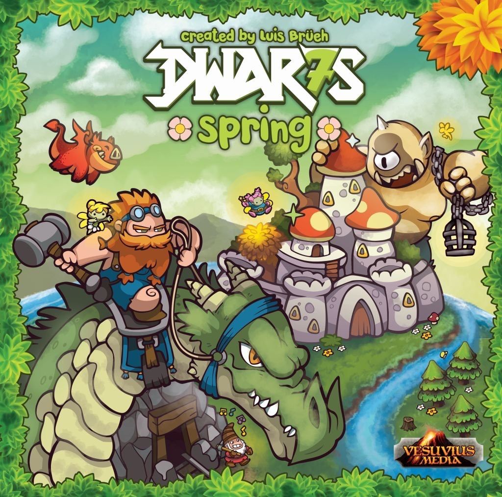 Dwarf riding Dragon to defend castle being attacked by ogre illustrated Dwar7s spring Box art