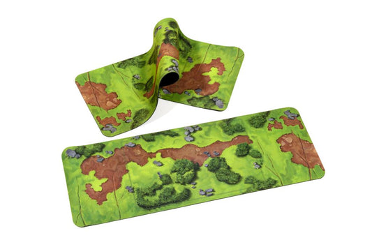 Two Neoprene Game Mats with grass, dirt, shrubs and rocks illustrated for Catapult Feud Game
