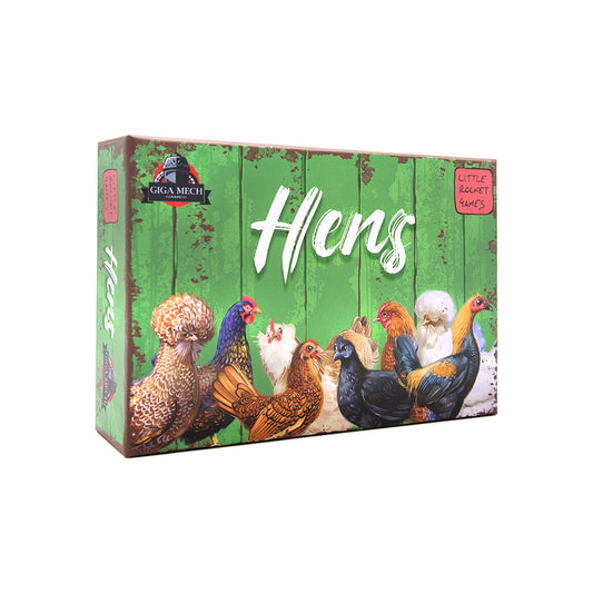 3D render of Hens Board Game box with chickens on front with green fence background illustration