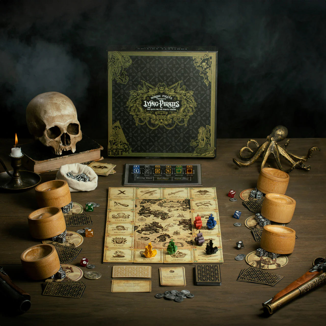 Lying Pirates Game on Table with Skull and Pirate Decorations all set up to play