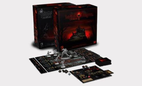 Darkest Dungeon Starter Box Set with 3D renders of both boxes, plus the game mats and minis laid out in front