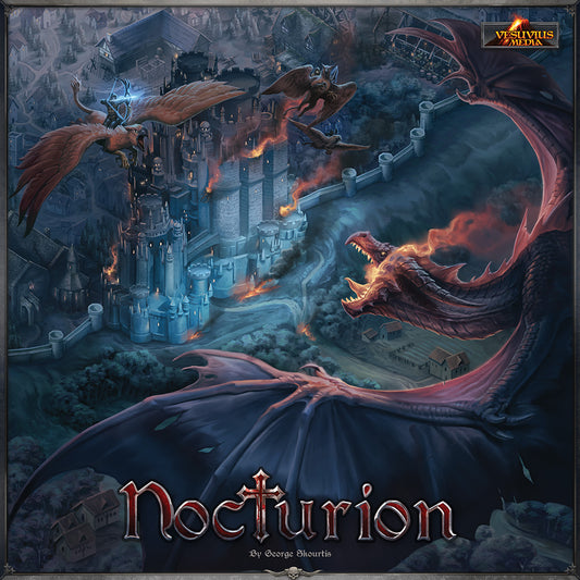 Dragon attacking Castle Nocturion Game Box Art