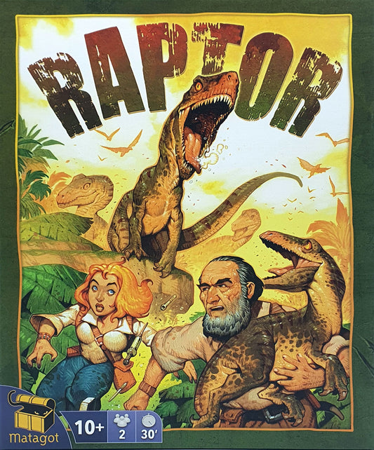 Front Box Image of Raptor with Velociraptor Mom defending her babies while two scientist explorers run away