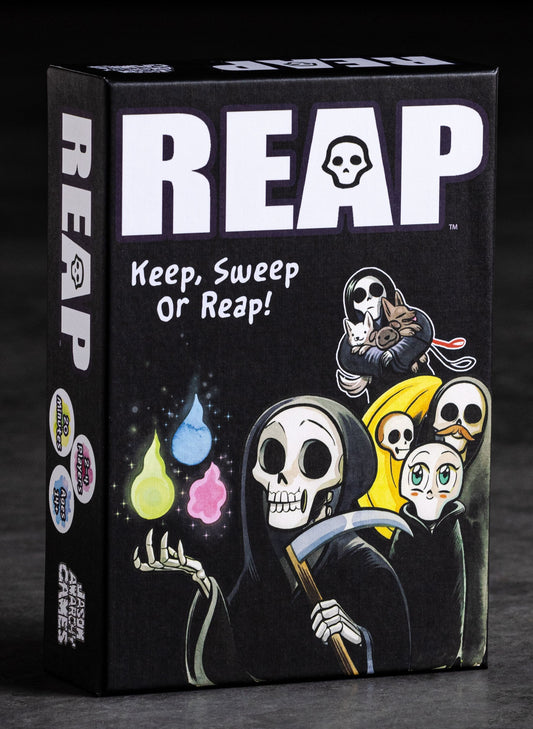 Photo of Reap Game Box on Grey Background with illustrated Skeleton Reapers on the front.