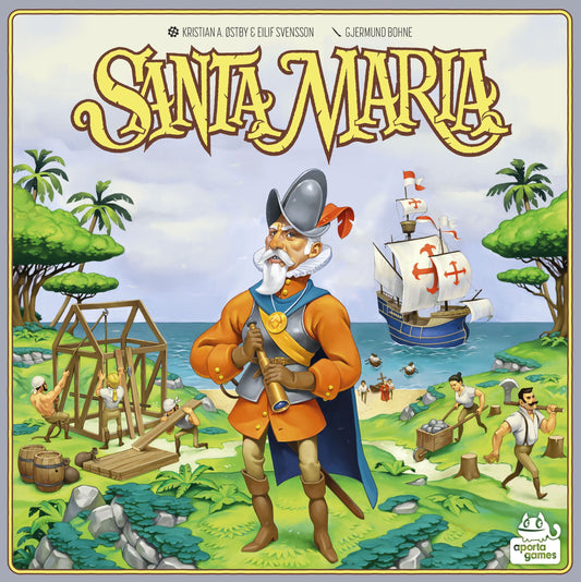 Santa Maria Box Front Illustration with Conquistador and Settlers coming off of ship.
