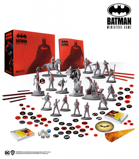 Batman Two Player Miniatures Game with Box, Rulebook, unpainted miniatures and other game components on white background