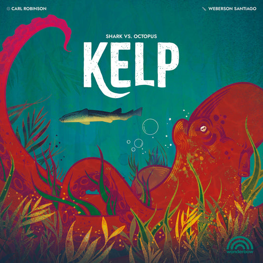 Kelp Cover Illustration on teal background with red/orange octopus