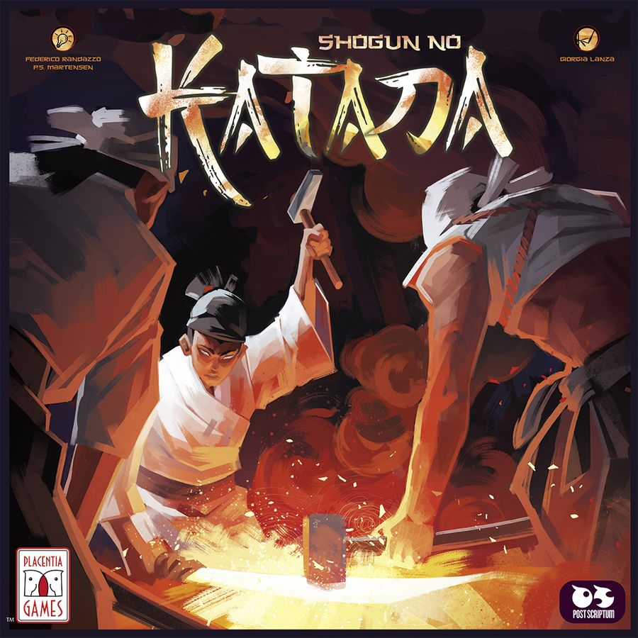 Painterly illustration of samaurai forging katanas on the front cover of the Shogun no Katana game box